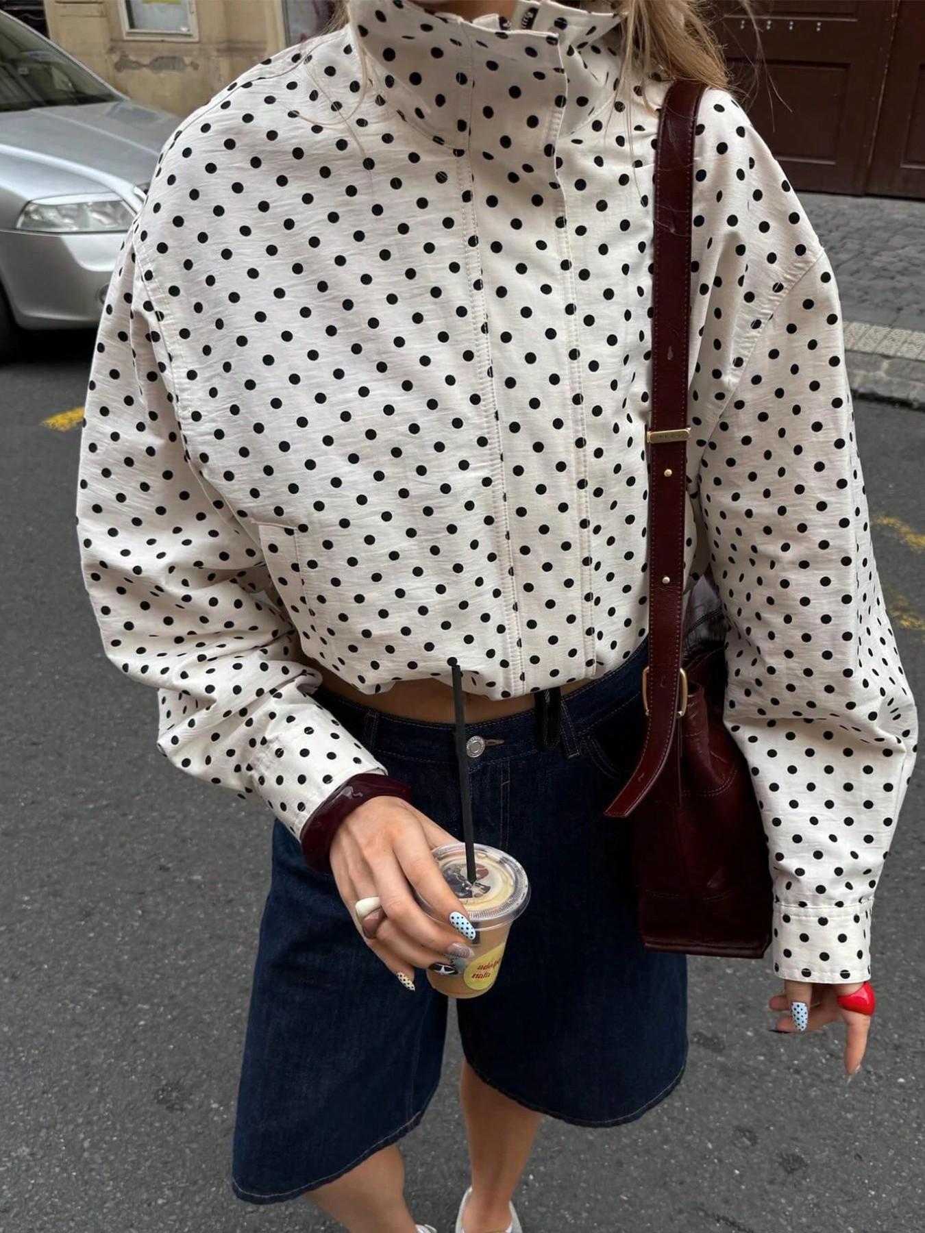 Women's New Aesthetic Polka Dot Pattern Adjustable Drawstring Jacket, Retro Zipper Long Sleeve Stand Collar Outerwear for Everyday Wear, Casual Fashionable Jacket, Streetwear