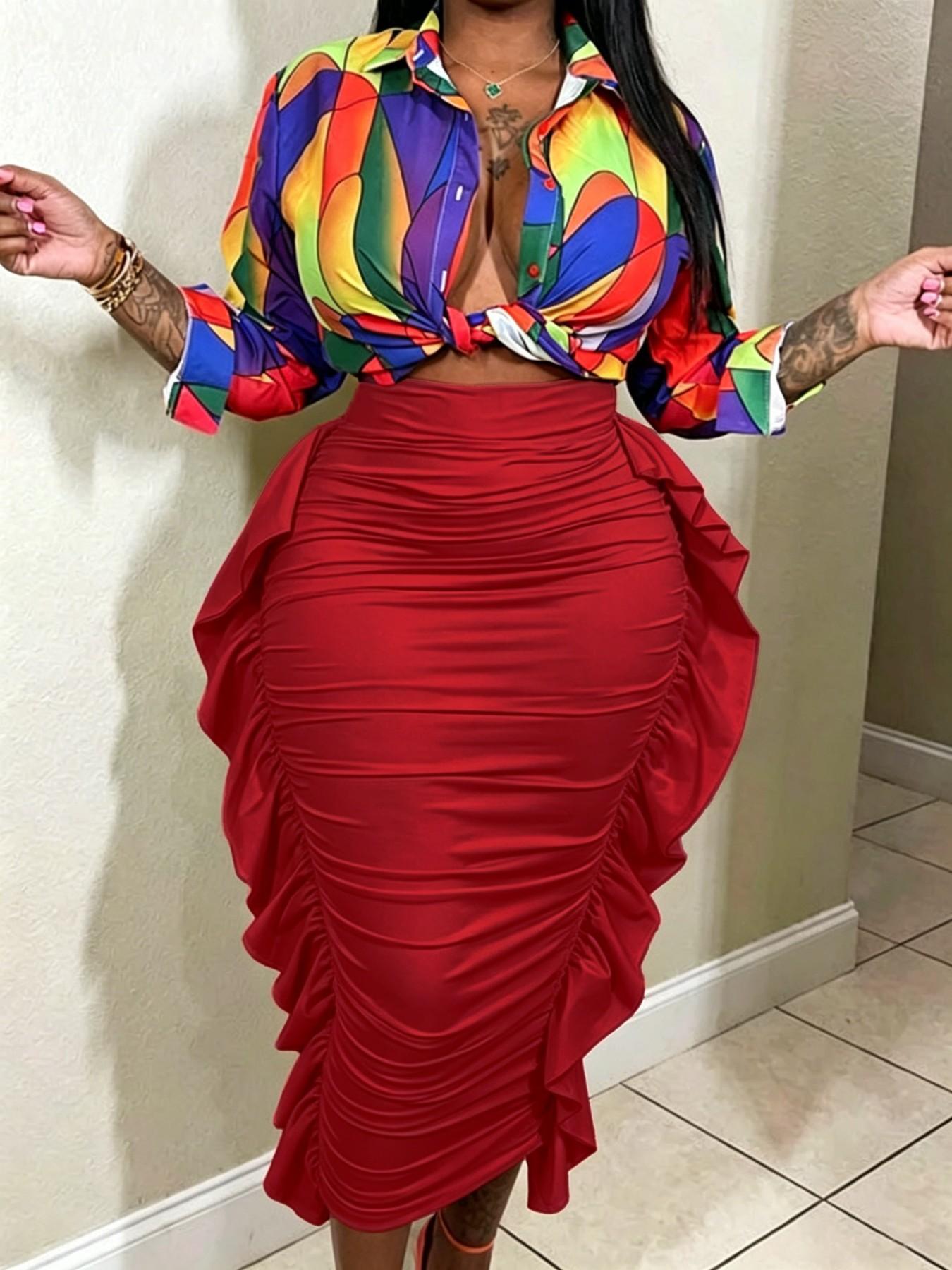 Spring Autumn Women's Solid High Waist Ruffle Bodycon Fit Midi Skirt, Casual Daily Wear, Vacation Style, Chic, Elegant and Comfortable