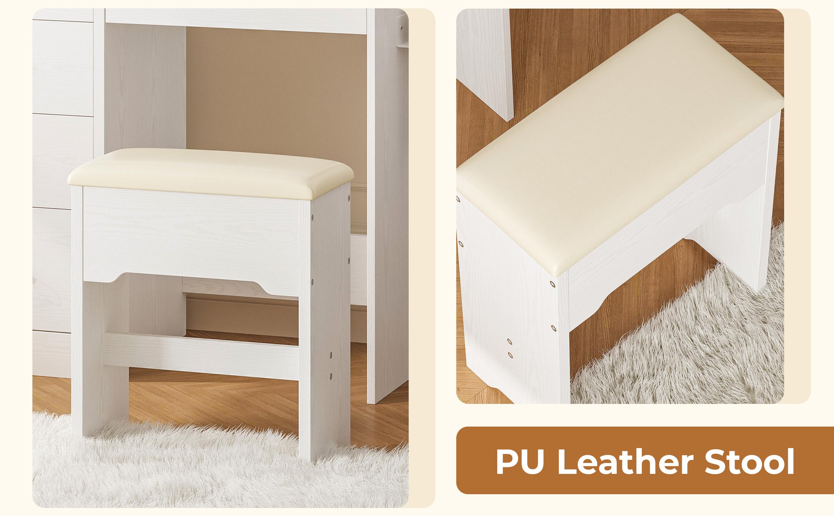 LIKIMIO Vanity Desk with Mirror & LED Light, Makeup Vanity Table with 5 Drawers, Power Outlet, and Vanity Stool, 3 Lighting Colors, Dressing Table for Bedroom