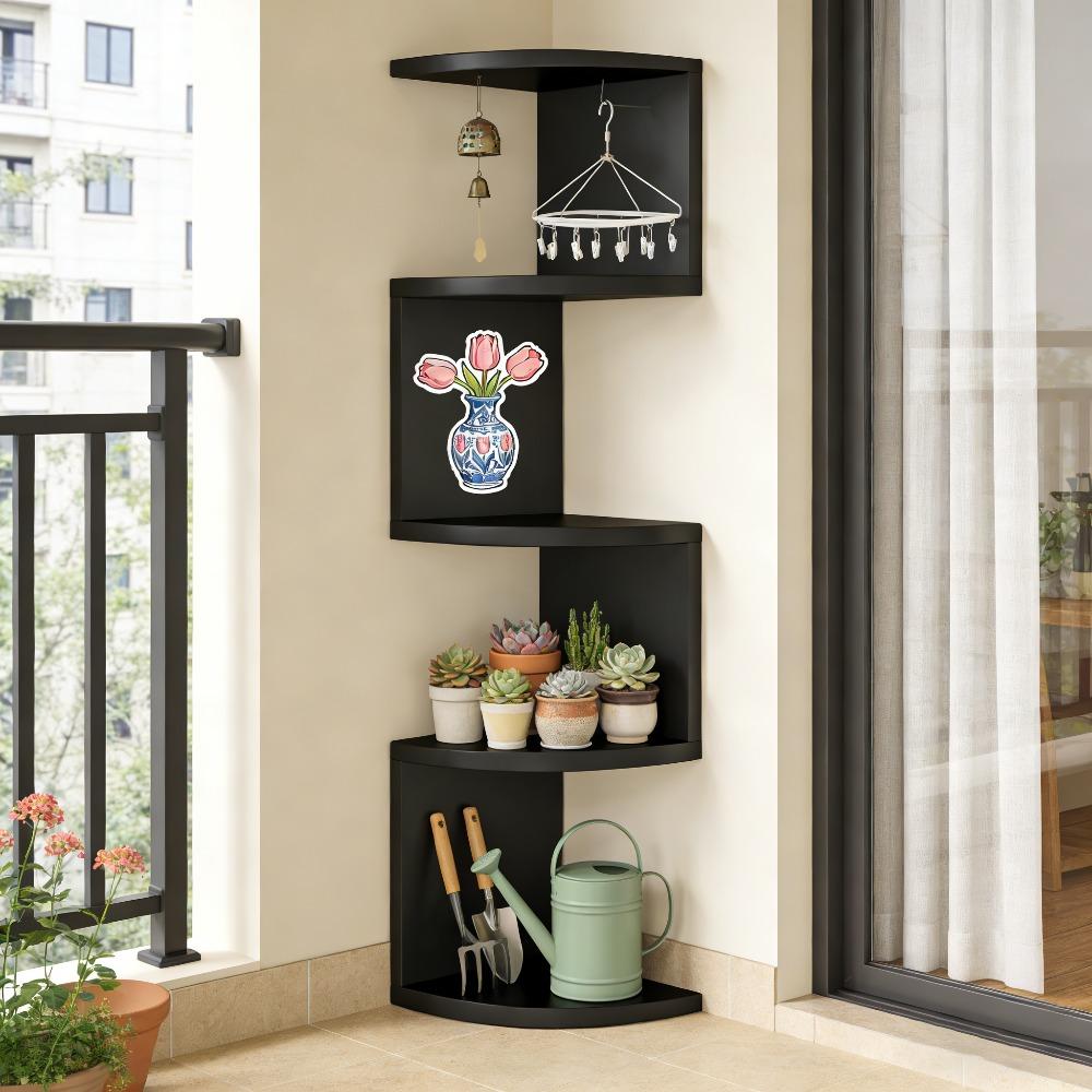 Five-tier corner shelf – a space-saving floating storage rack suitable for bedrooms, living rooms, and bathrooms. This wall-mounted organizer features a European and American style corner floating shelf and a minimalist bookshelf design.