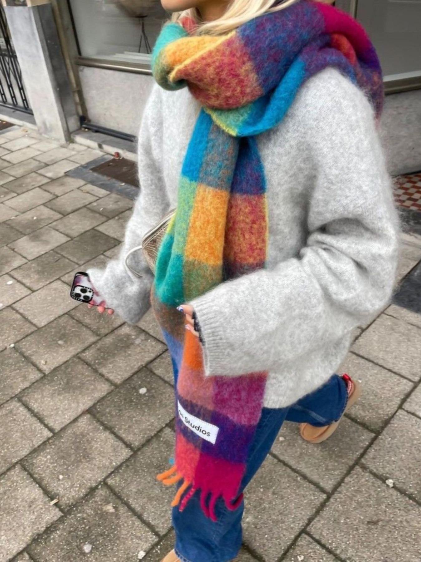 Bohemian colored Rainbow Stripes mesh winter tassel coarse scarf, thick, soft and warm shawl, autumn and winter cold and hot protection windproof wrapping hijab, scarf and neck, suitable for women, Casual Soft Shawl