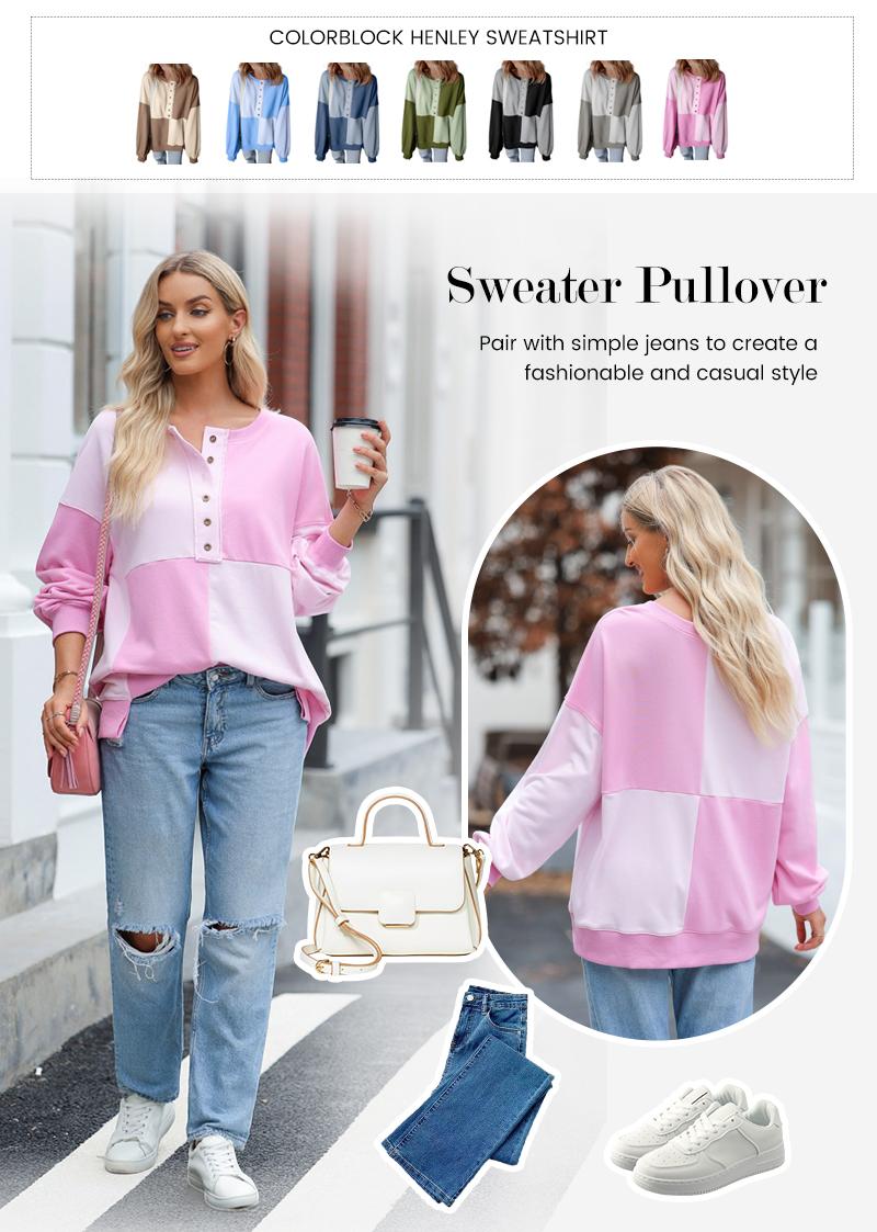 Shewin 2026 Cozy Oversized Color-Block Henley Pullover Women’s Long Sleeve Sweatshirt Soft Tie-dye Fabric Comfy Layering for Casual Daily Looks - Womenswear
