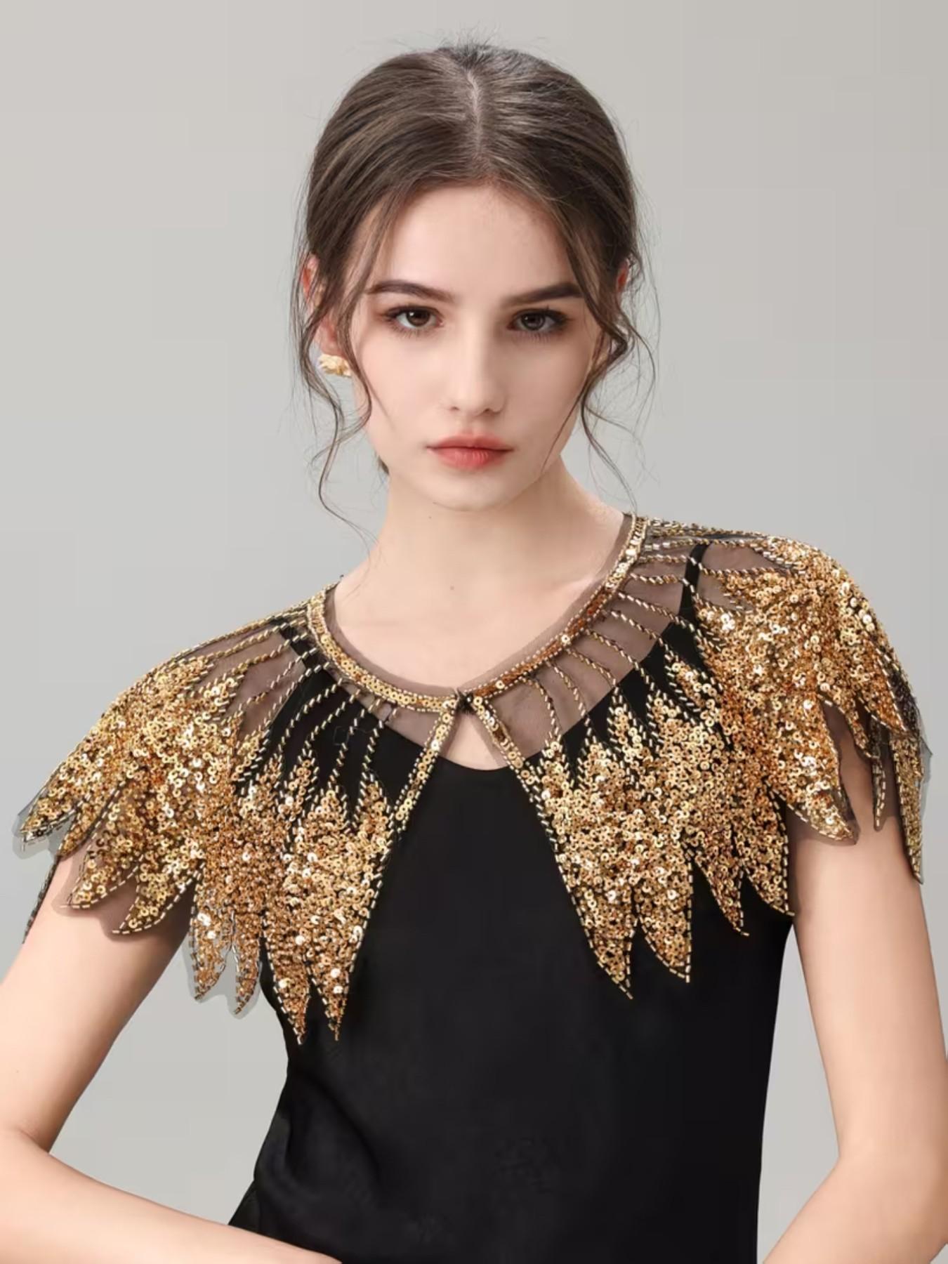 Sequined Beaded Vintage Polyester Mesh Evening Gown Shawl, Perfect for Weddings, Parties, Banquets, Hand Washable, Retro Elegance