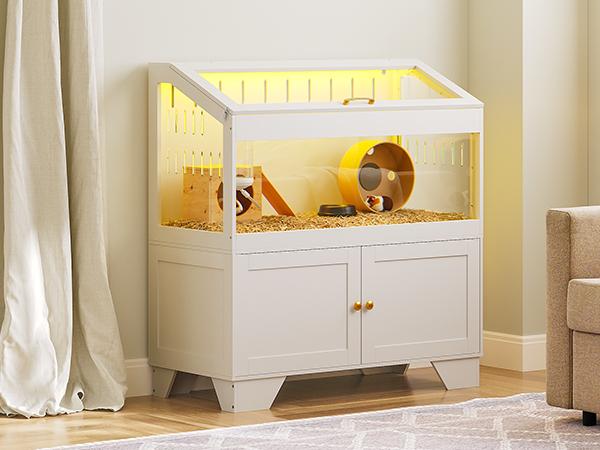 HOOBRO Large Hamster Cage, Small Animal Cage with Storage Cabinet and Led Light Strip, Acrylic Guinea Pig Cage with Flip-Top Lid, Easy to Clean, 39.4" x 18.9" x 42.5", White #SummerVibes HOOBRO Large Hamster Cage, Small Animal Cage with Storage Cabinet and Led Light Strip, Acrylic Guinea Pig Cage with Flip-Top Lid, Easy to Clean, 39.4" x 18.9" x 42.5", White #SummerVibes