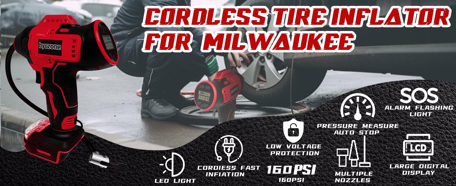 Cordless Tire Inflator Air Compressor Compatible with Milwaukee 18V Battery, 160PSI Portable Handheld Air Pump with Digital Pressure Gauge for Motorcycles Cars Bike Sport Ball Auto (NO Battery)