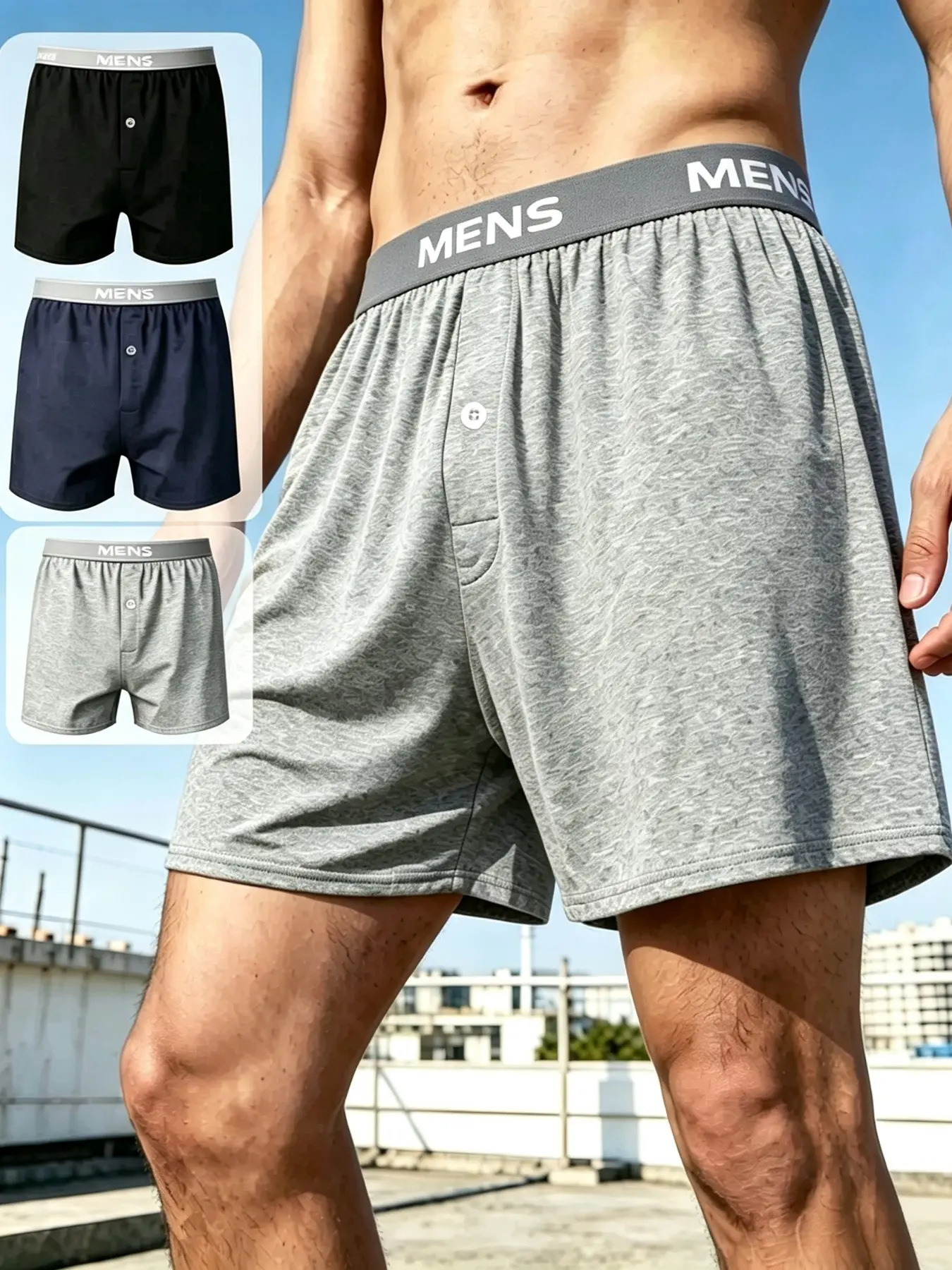 3-Pack Men's Solid Color Loose Fit Trunk, Breathable Casual Aloha Shorts, Belt Letter Print, Button Design, Home & Beach Wear