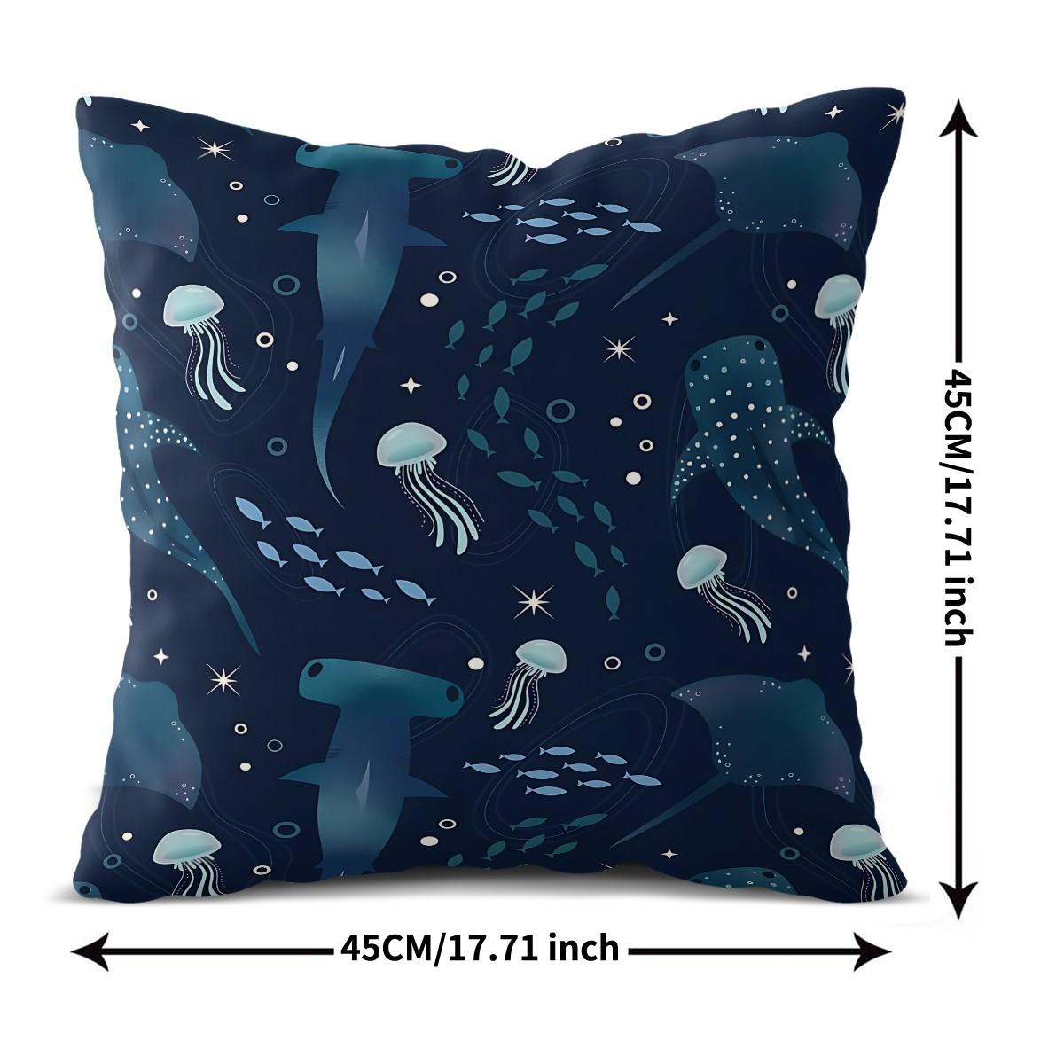 Deep-Sea Creature Patterned Throw Pillows, a Lively Hammerhead Shark and Jellyfish, 45cm Square and Include a Pillow Insert. Perfect Choice for Ocean-Themed Decor, Offering Soft Comfort and an Ideal Addition to Sofas and Bedrooms.