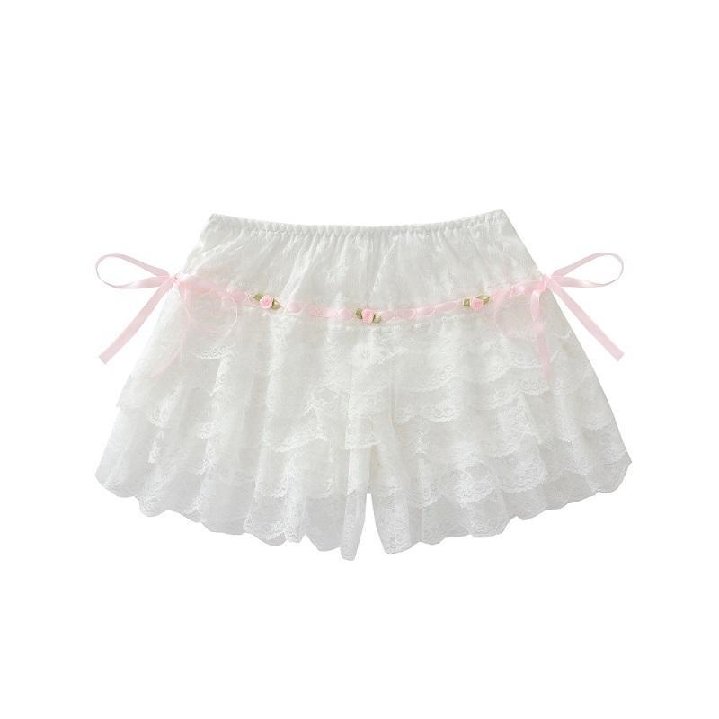 Multilayer Lace Shorts Women Lolita Ribbons Flower Ruffles Elastic Waist Cute Bottoming Shorts for Sweet Girls Kawaii Clothes