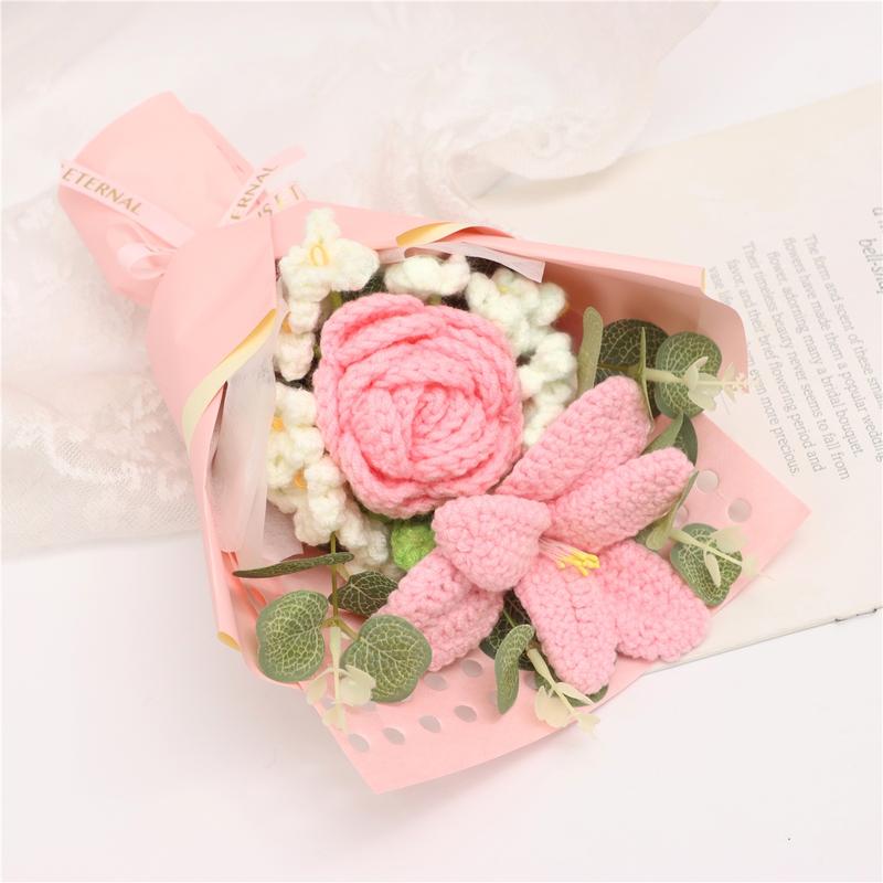 Realistic Tulip Rose Bouquet, Handmade Knitted Flower Arrangement, Crochet Artificial Flowers, Wedding Decoration, Christmas Valentine's Day Gift, Party Present