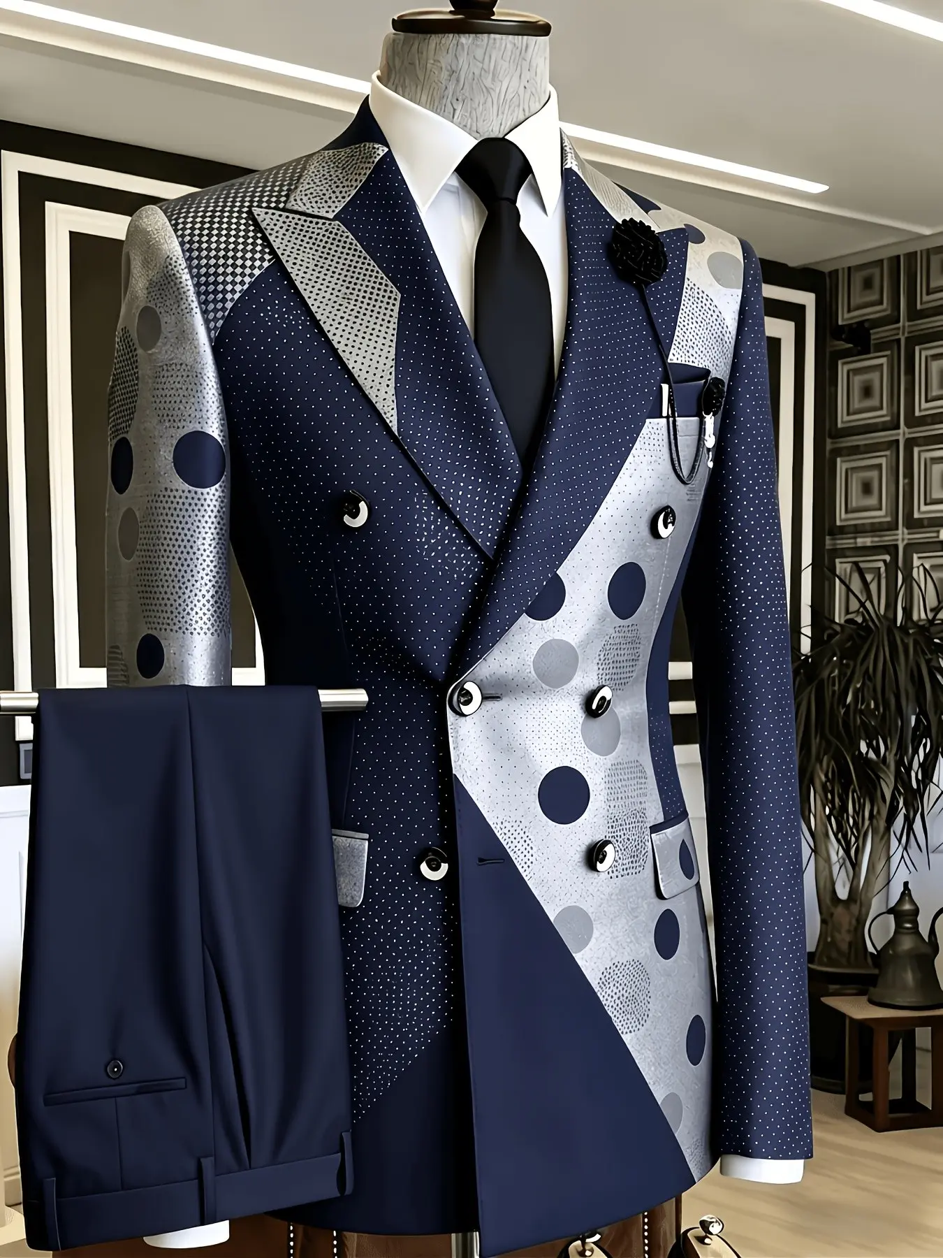 Men's Color Block Polka Dot 2 Piece Suit, Double Breasted Blazer Jacket & Solid Dress Pants, Formal Wedding Prom Party Tuxedo