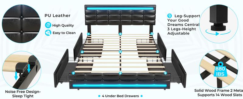 Sikaic Queen Size Faux Leather Platform Bed Frame with Storage Drawers, LED Bed Frame with Charging Station, Black Adjustable Headboard
