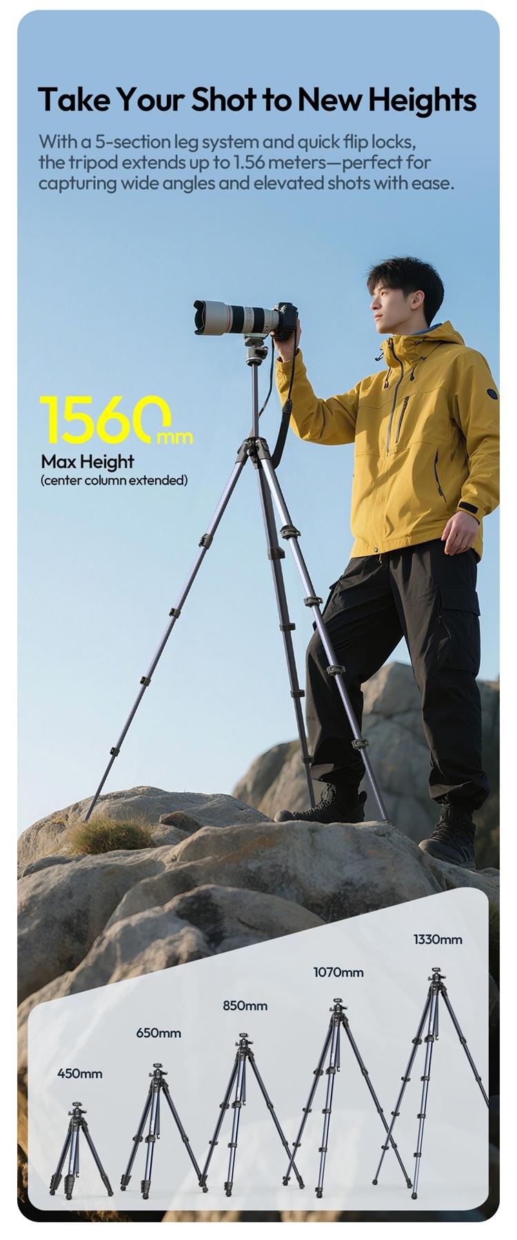 ULANZI Ombra Lightweight Travel Tripod, 59" Professional 5 Section Aluminum Camera Tripod with Claw Super Quick Release Design, for Canon Nikon Sony Cameras DSLR iPhone, Max Load 17lb