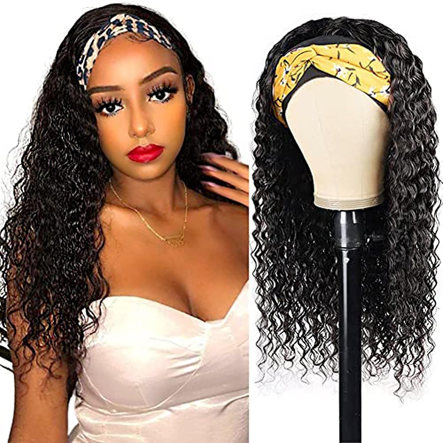 Bling Hair Headband Wig Deep Wave Human Hair None Lace Front Wig Human Hair Machine Made Wigs Glueless Curly Hair Headband Half Wigs for Black Women Human Hair Natural Color