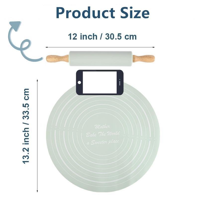 Silicone Rolling Pin & Baking Measuring Mat, 2 Counts Including 1 Non-stick Pastry Mat and 1 Dough Roller, Baking Tool