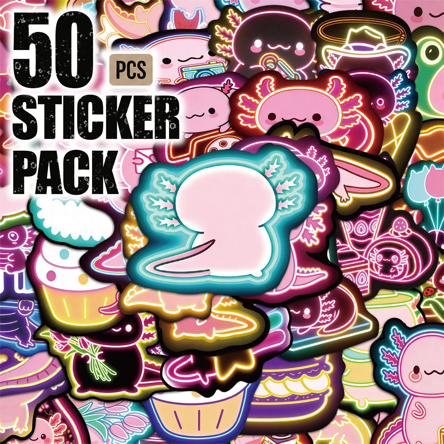 50pcs*5packs Neon Axolotl Aesthetic Vinyl Stickers Pack for Laptop Water Bottle Phone Case Skateboard Journal Scrapbook DIY Decoration