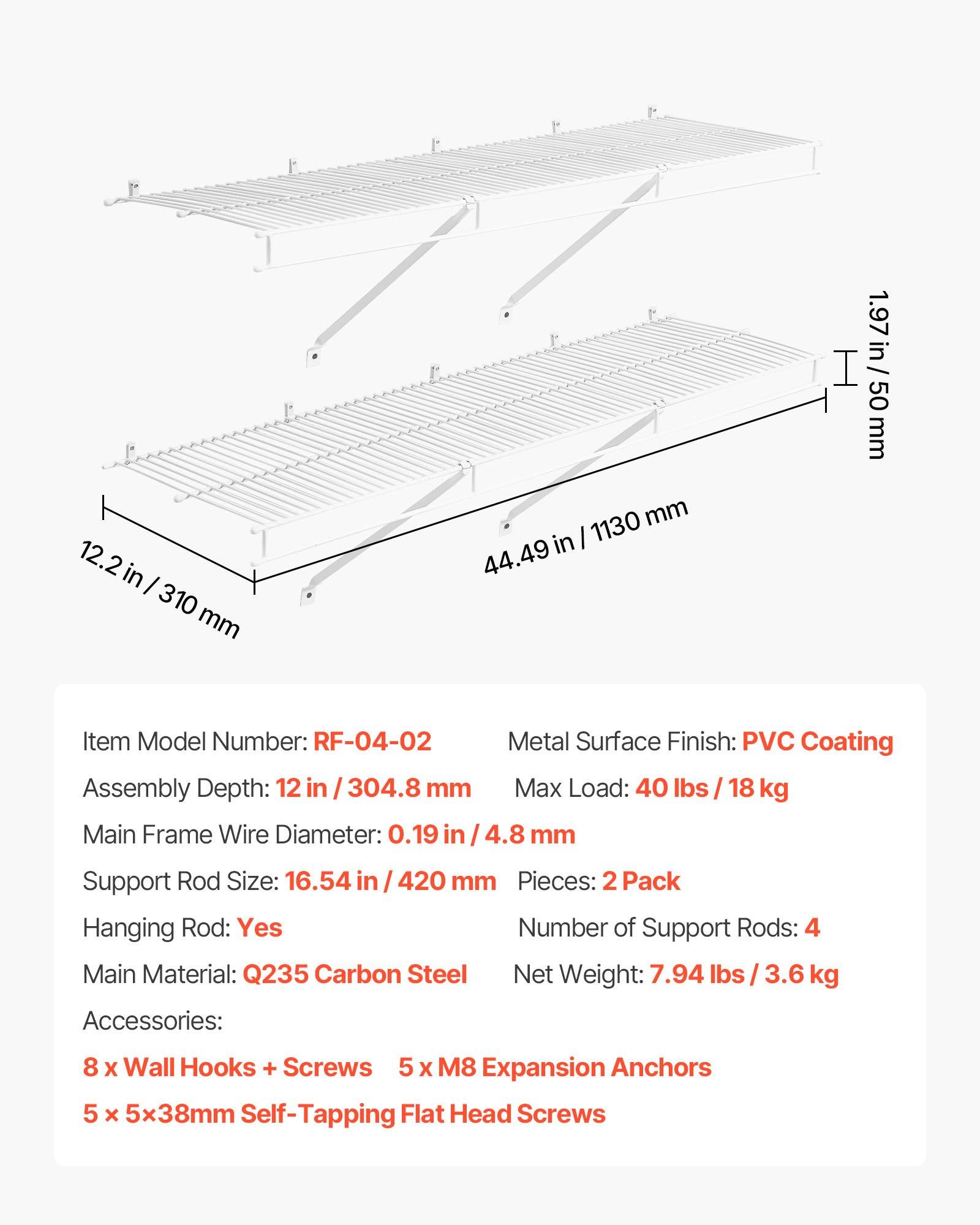 VEVOR Wire Shelf Kit, 4 ft, Set of 2, Wall Mounted Wire Shelves, Heavy-Duty Carbon Steel Hanging Shelf, Floating Wall Storage Shelves with Dip Coating, for Closet, Bedroom, Living Room, Office, Pantr VEVOR Wire Shelf Kit, 4 ft, Set of 2, Wall Mounted Wire Shelves, Heavy-Duty Carbon Steel Hanging Shelf, Floating Wall Storage Shelves with Dip Coating, for Closet, Bedroom, Living Room, Office, Pantr