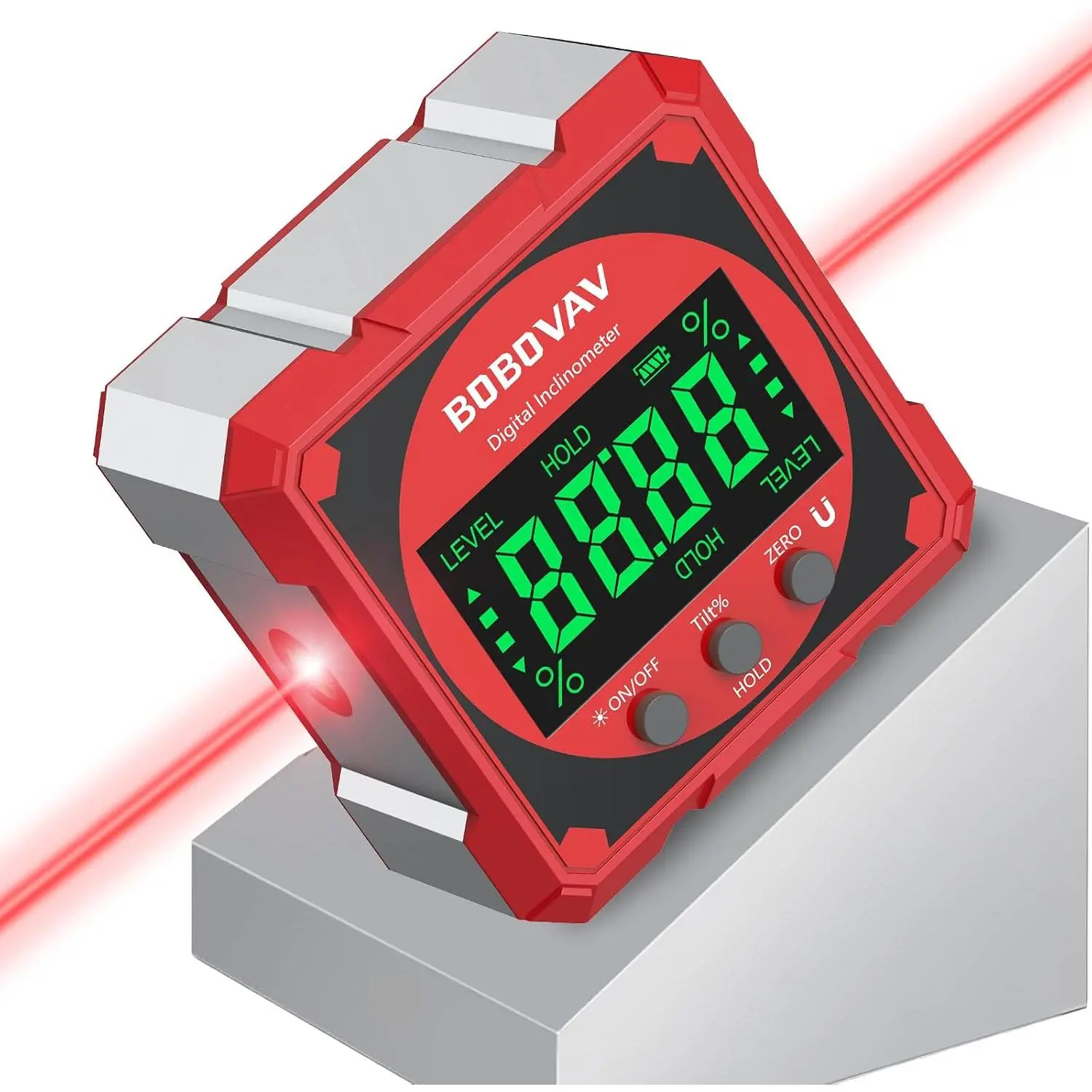 4-Side Magnetic Digital Angle Gauge - Class 2 Laser Guide, Rechargeable Digital Type Inclinometer Protractor Level Gauge with Degrees Measurement, Magnetic Attach for Woodworking Tablesaw Cutting Align (Red)