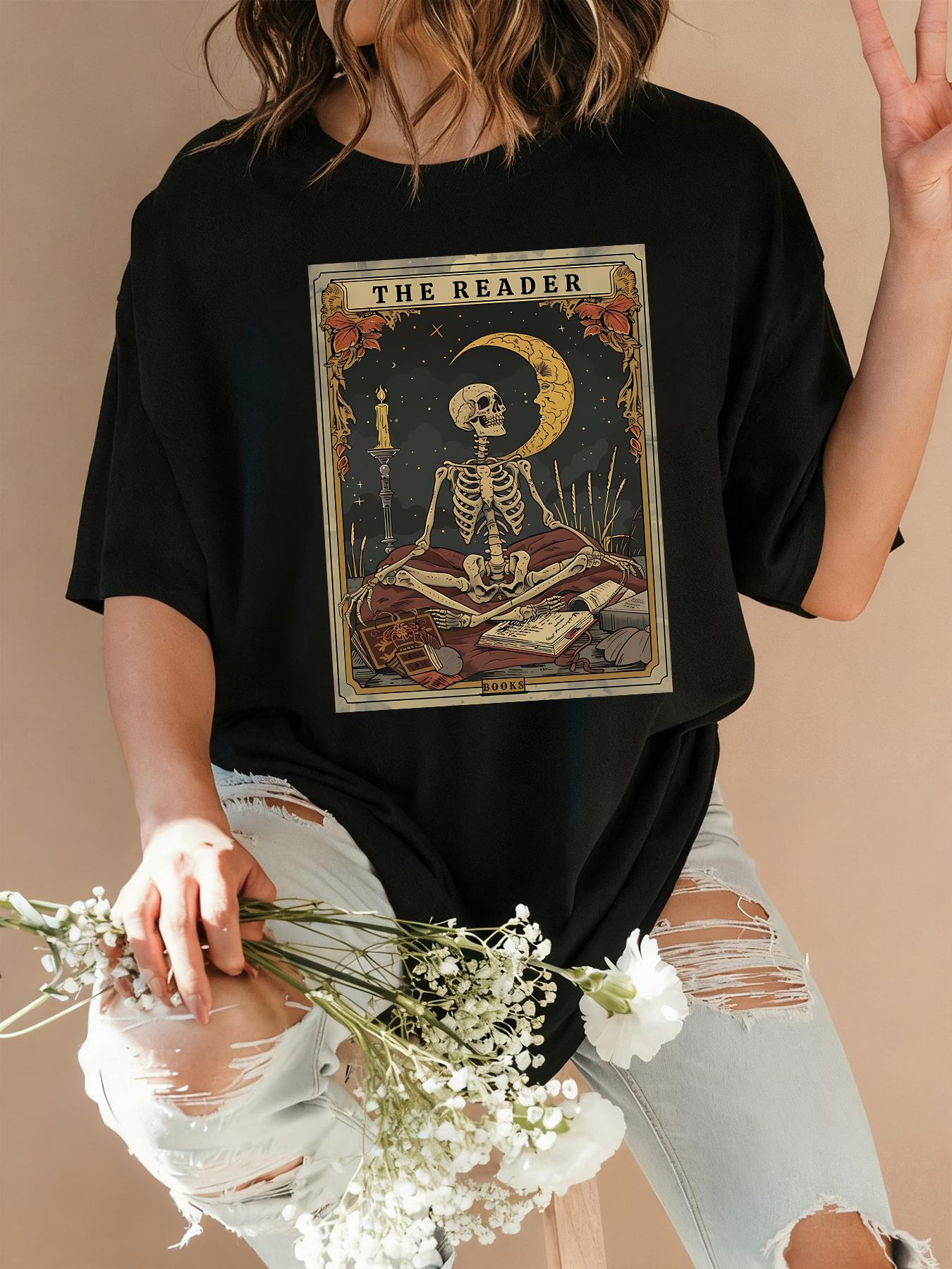 Women's Letter, Skeleton & Graphic Print Round Neck Tee, Vintage Trendy Casual Book Lover Gift Tarot Card Shirt for Daily & Everyday Wear, Ladies Summer Clothes Tops