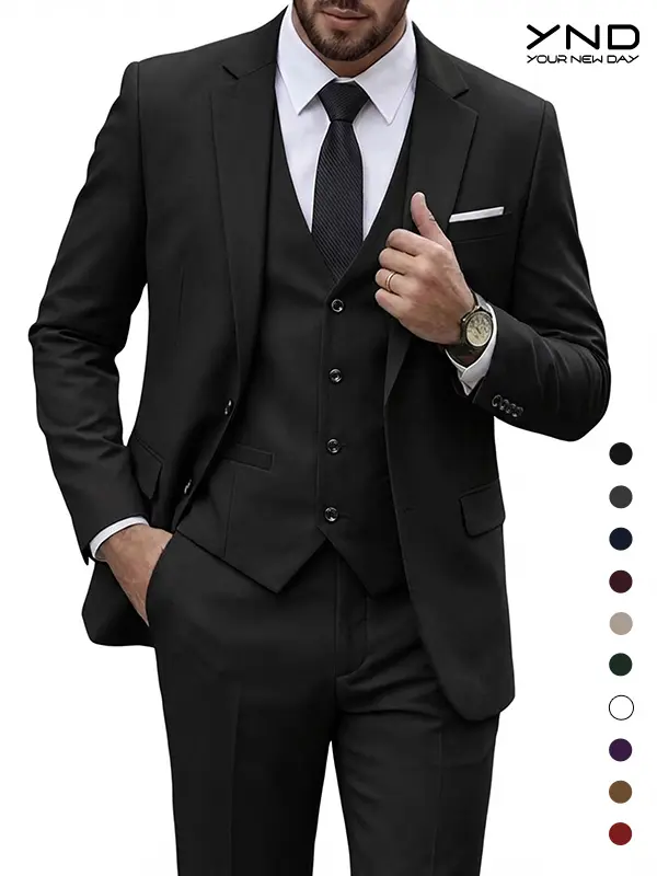 YND Men's 3 Piece Suit Set with Tie for Wedding Prom Business, Formal Groom Tuxedo Set with Vest Pants Beige Black