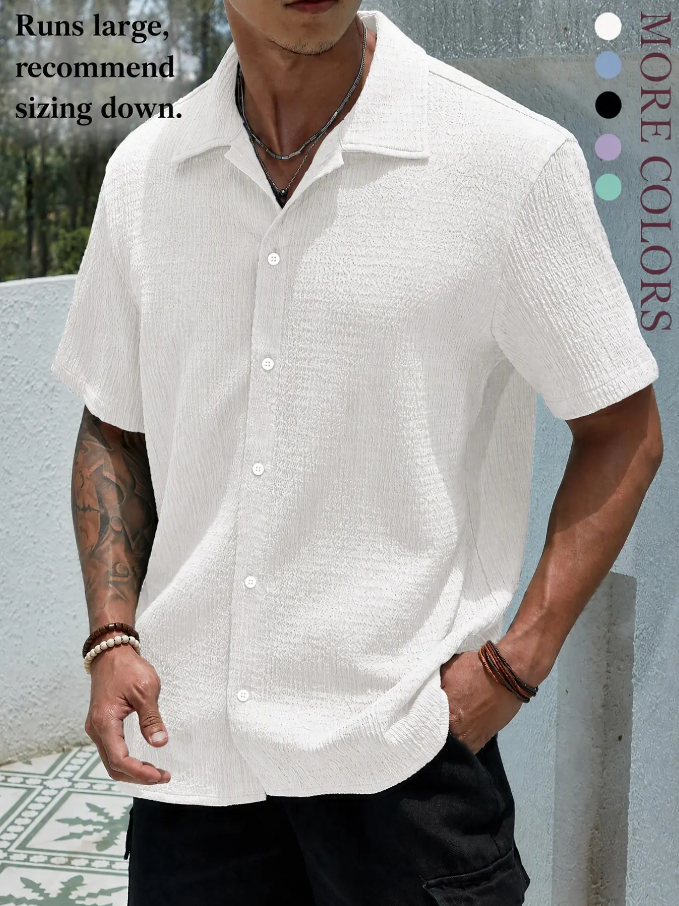Men's Textured Button Front Shirt, Casual Long Sleeve Top, Summer Wear, Daily Male Clothing, National Day, 2026 Seasonal Style