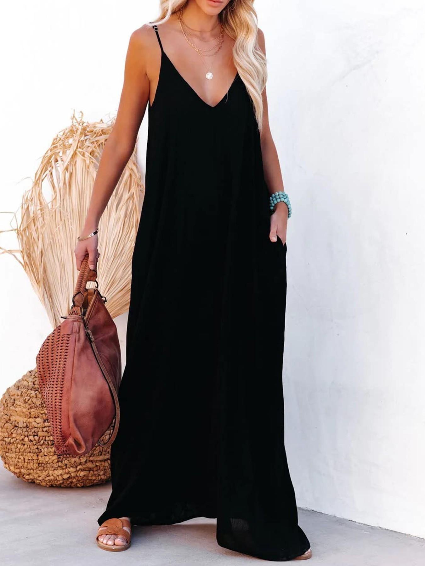 Women's Casual Minimalist Sleeveless Maxi Dress, Loose-Fitting Beachwear, Side Pockets Design, Perfect for Home & Outdoor Use