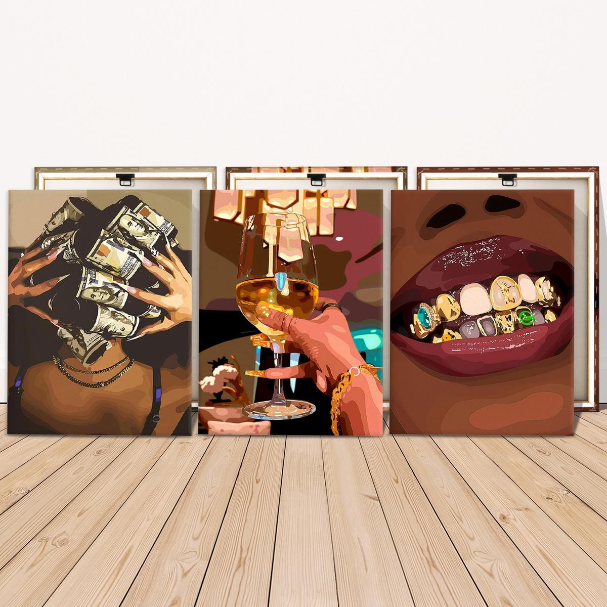 3 count wooden frame canvas, luxury female figure poster, Fashion female decorative art, exquisite mural, fashion bedroom decoration, Modern home Decoration, living room and corridor wall Decoration, HD, waterproof, art