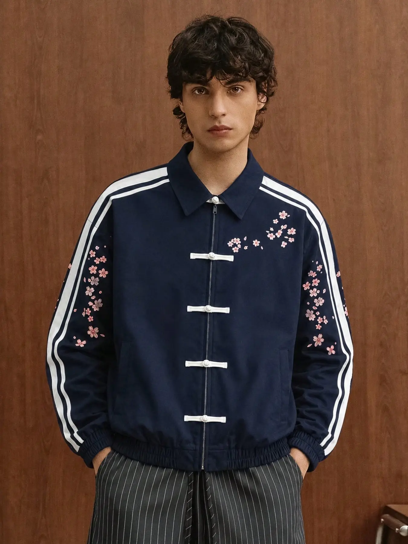 Navy Frog Button Cherry Blossom Embroidered Collared Jacket, Double White Stripe Chinese Style Tang Suit Coat, Loose Elastic Hem New Chinese Casual Outerwear, Unisex Spring Autumn Commute Jacket, Unique Oriental Matching Couple Top