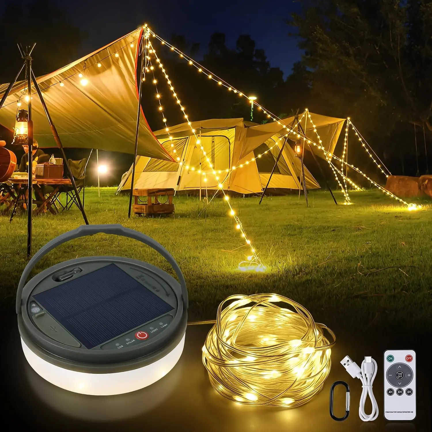 4-in-1 Solar Outdoor Camping String Lights, 42.6Ft Ultra Long 160LEDs String, Solar & USB Rechargeable with Remote Control, Portable for Hiking Decorations, Solar Outdoor Lights