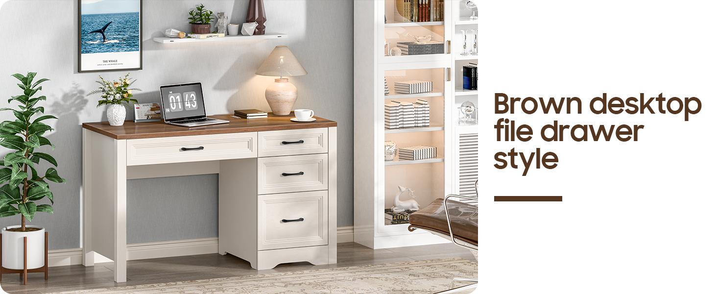 Vabches Farmhouse Executive Desk with Storage and Ample File Drawer, Rustic Large Home Writing Desk for Bedroom, White