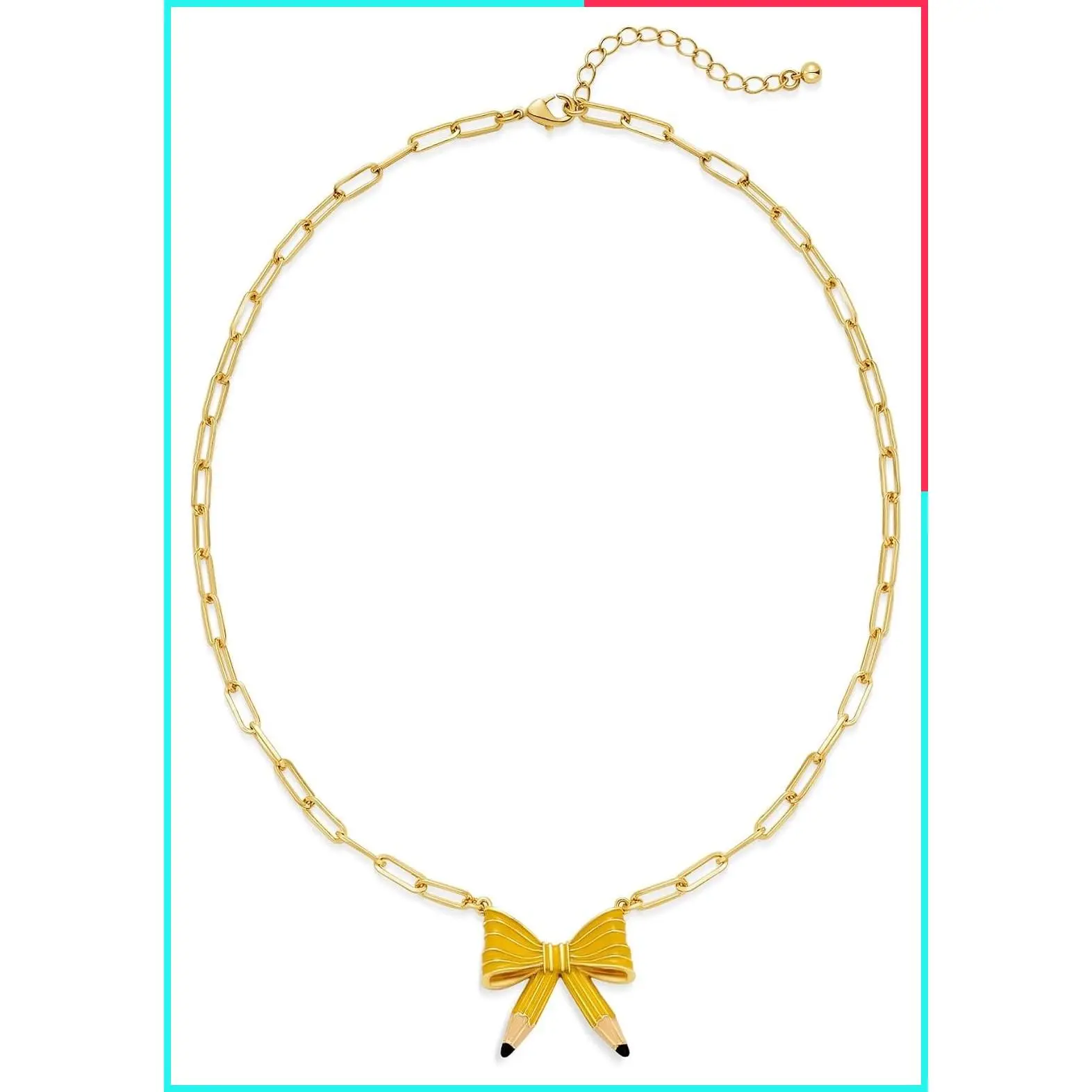 Cute Yellow Enamel Pencil & Bow Pendant Necklace with Gold Chain - Teacher Jewelry, Back to School Gift