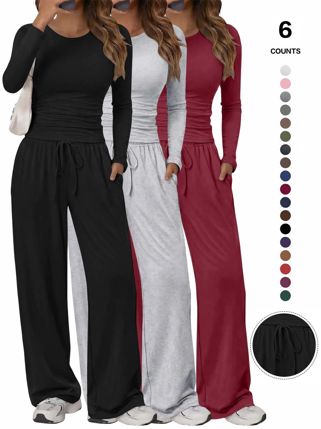 Women's Solid Ruched Drawstring Loungewear Set, Casual Long Sleeve Round Neck Top & Pocket Wide Leg Trousers, Ladies Sleepwear for All Seasons