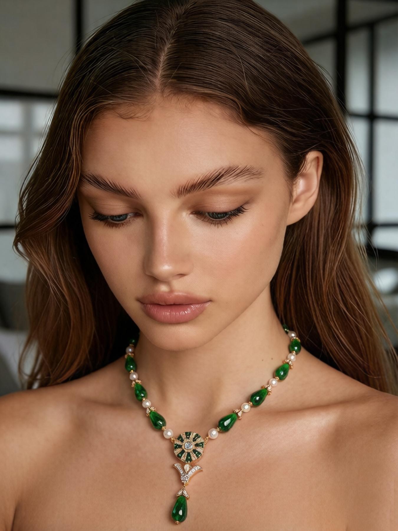 A vintage green teardrop-shaped gemstone and pearl alternating necklace, suitable for daily commuting, vacation, and dates, and also a delightful and exquisite small gift.