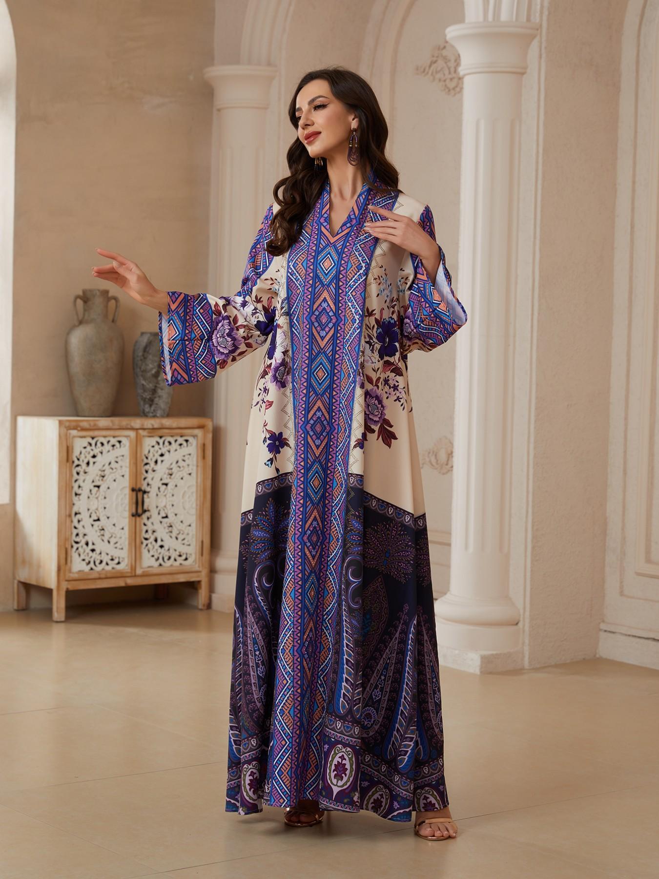 Middle Eastern Eid Limited Edition Multi-Color Patchwork Vintage Paisley Print Robe, Women's Loose Abaya Dress, Elegant Traditional Attire