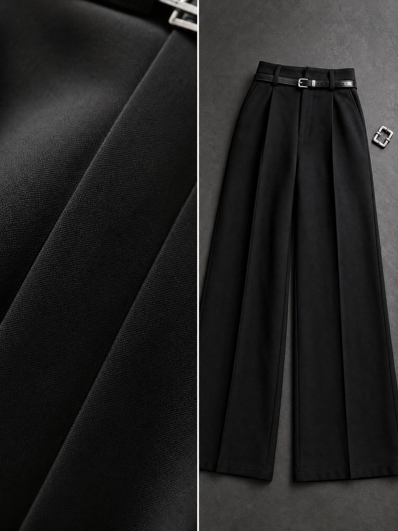 New Women's High-Waisted Wide-Leg Suit Pants, Button Pleated Design with Belt, Casual Elegant Comfortable Style for Daily Commute