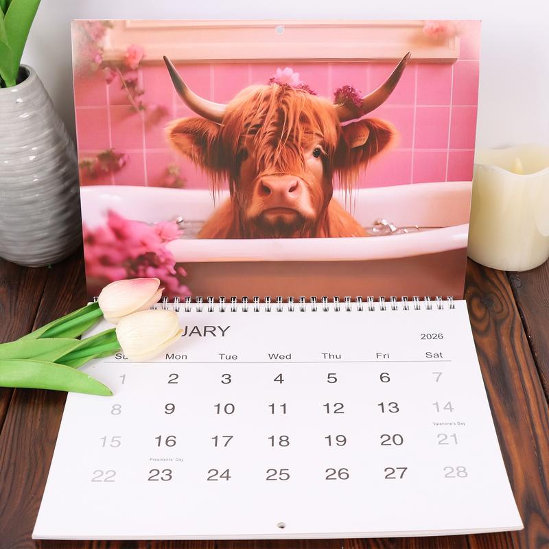 2026 Highland Cow Doodle Typography Calendar, Cute Monthly Planner, Fun Farm Animal Theme, Perfect Gift for Animal Lovers, High-Quality Print, Artistic Design