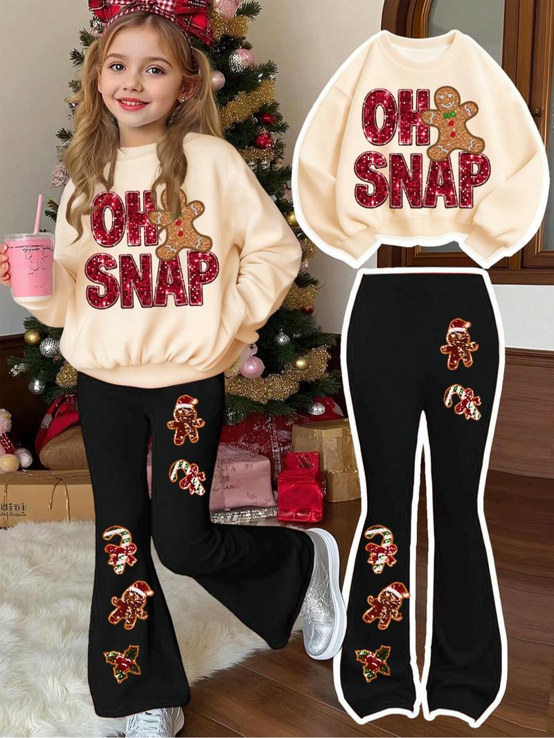 Girls' Christmas Fitted Set, Letter Print Round Neck Sweater & Snowman Pattern Bell Bottoms, Casual Fall Winter, Fashion Clothes Set