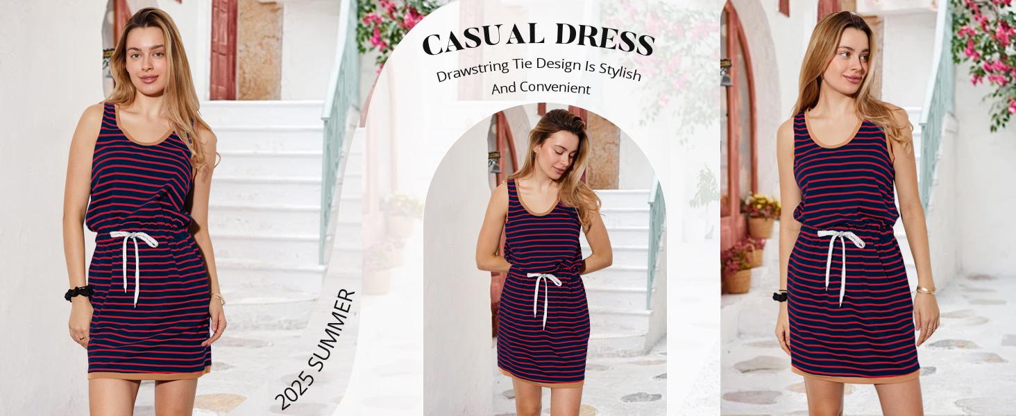 Imily Bela Womens Summer Sleeveless Striped Dress Drawstring Waist Casual Tank Mini Dresses with Pockets