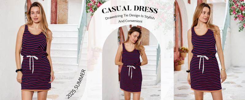 Imily Bela Womens Summer Sleeveless Striped Dress Drawstring Waist Casual Tank Mini Dresses with Pockets
