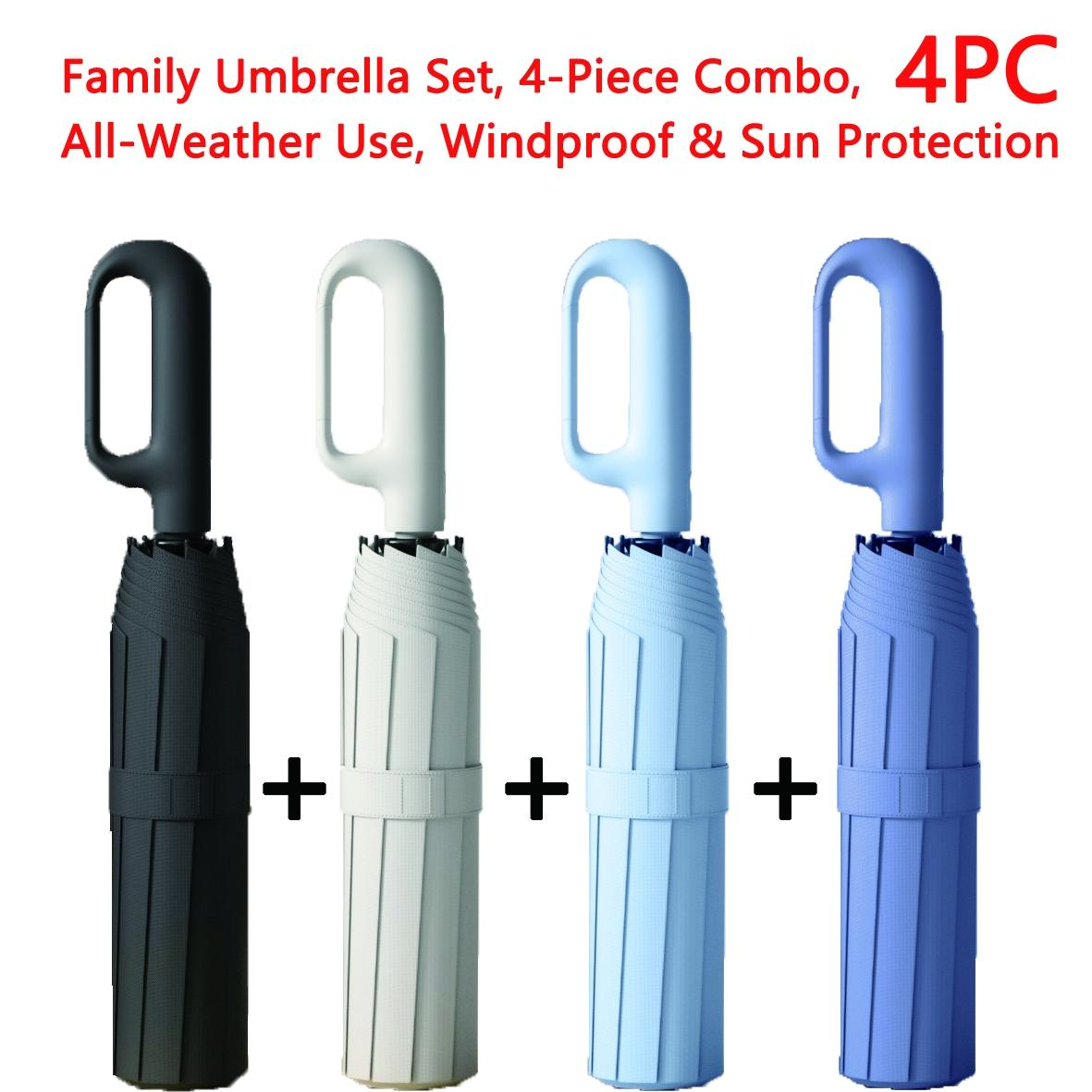 Creative Ring Handle 10k Dual Bone Rain Umbrella Set, Windproof Waterproof, Portable Design, Automatic Opening, Four-Piece Combination, Folding Umbrella, Rainproof Umbrella