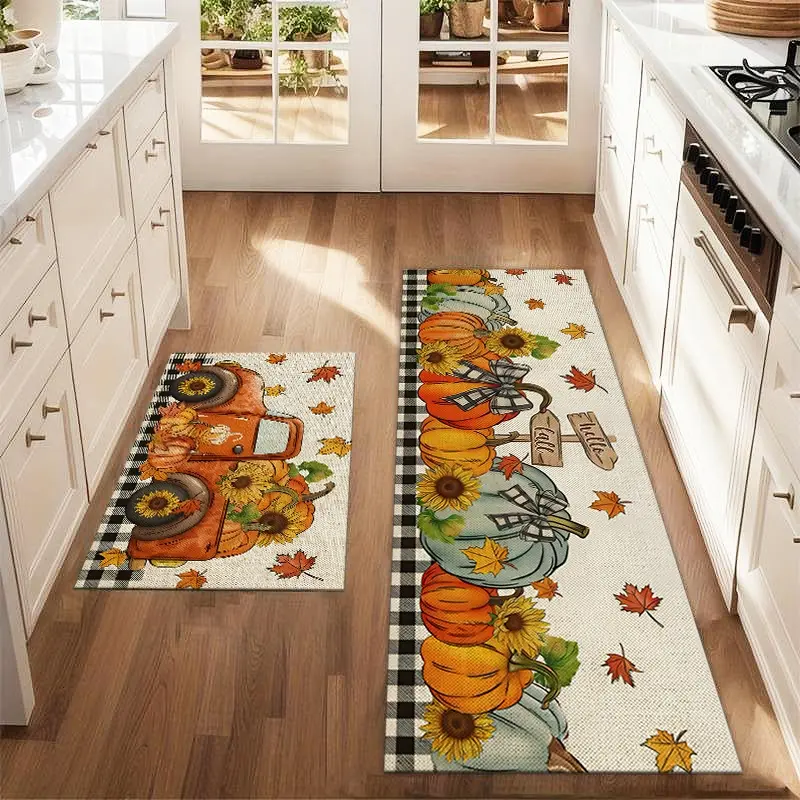 2Pcs Black And White Checkered Autumn Small Truck Pumpkin Floor Mat Set, Farmhouse Kitchen Rug Carpet, Dining Room Floor, Laundry Room Decorative Carpet Mat