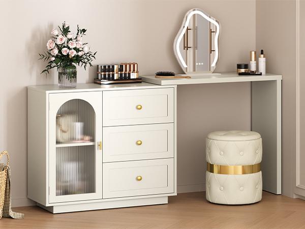 RoyalCraft Makeup Vanity Desk with Drawers, Large Extendable Corner Table for Working,Studying,Drawing, Sewing, and Nail Care, Modern Dressing Table & Home Office Desk for Bedroom, Makeup Vanity Without Mirror (White,beige)