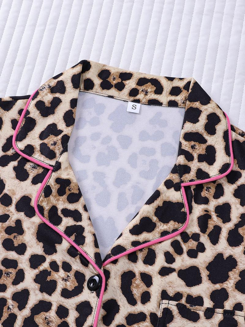 2-piece set full of brown and yellow leopard print long sleeved pants, soft and comfortable, skin friendly and smooth top, small pocket button closure, butterfly bow adjustable waistband, suitable for all seasons home, casual wear, pajamas