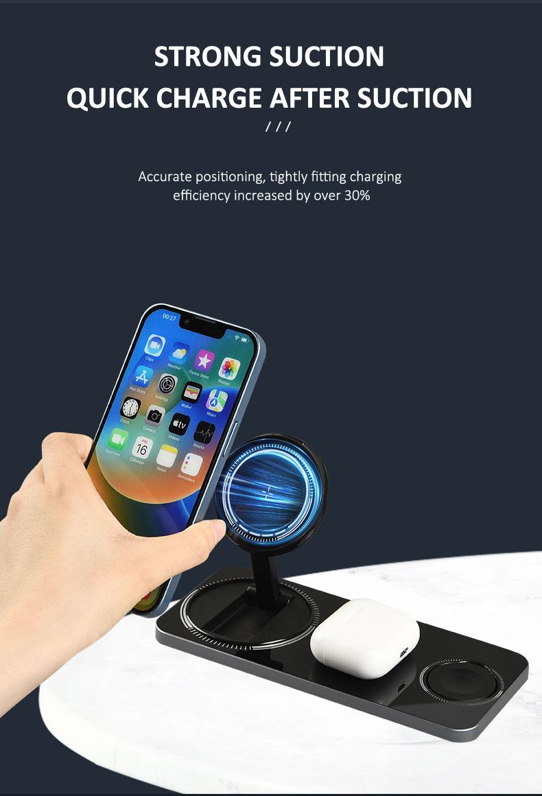 3 in 1 Wireless Charger Dock Station Foldable Max 15W Fast Charging with Magsafe Wireless Charger for iPhone12/13/14/15/16 Series for AirPods iWatch Series Wireless Charger