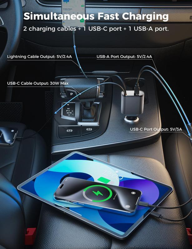 100W 4-in-1 Retractable Car Charger - USB C Fast Charging Adapter with Lightning Cable & Dual Ports, Car Accessories, iPhone Charger, Multi-Port Cables for iPhone 15/14/13 Pro Max Plus, iPad, AirPods, Samsung Galaxy S23/S22/S10, Google Smartphones