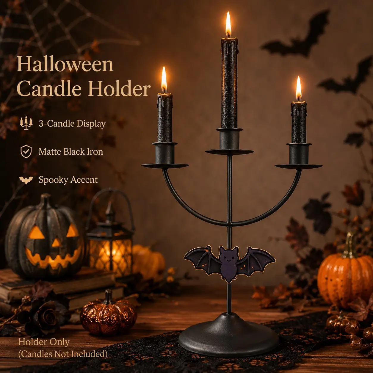 1 Piece Halloween Gothic Bat Design Black Iron Three Candle Holder for Home Dining Table Mantel Entryway Party Decor Stable Wide Base Multi Candle Display Fits Taper Candles for Seasonal and Everyday Decoration