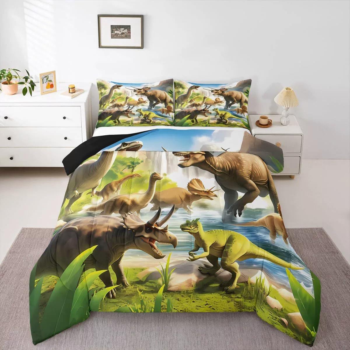 Dinosaur World Quilt Set, Realistic Dinosaur Print, Vibrant Jungle Waterfall Pattern, Filled Comforter with Inner Core, Kids Bedroom Bedding, Bed Sets Supplies