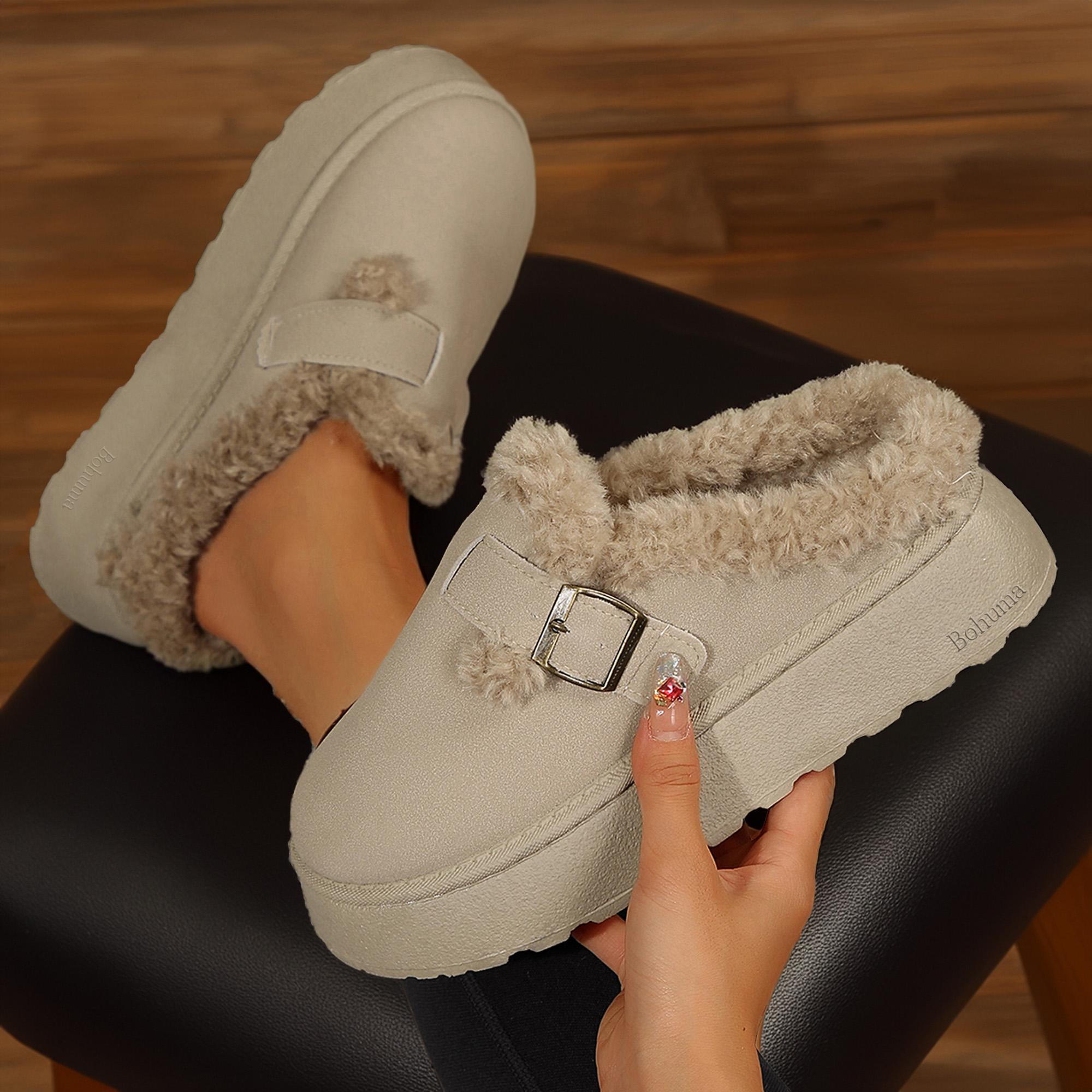 Women's Slippers Platform Mini Boots Short Ankle Boot With Buckle Fleece Lined Winter Warm Indoor Outdoor Thick Sole Plush Slipper Boots Springfresh