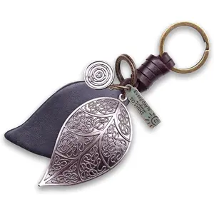 Leaf Keychain Gift for Women & Men | Handmade Black Leather Key Chain | Vintage Charm for Home, Car & Door Keys | Tree Keyring Present for Her & Him