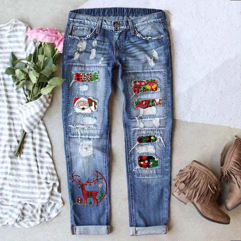 Women's Distressed Skinny Jeans Featuring red Christmas print patterns Retro distressed design Stretch waistband for comfortable wear Holiday casual street style