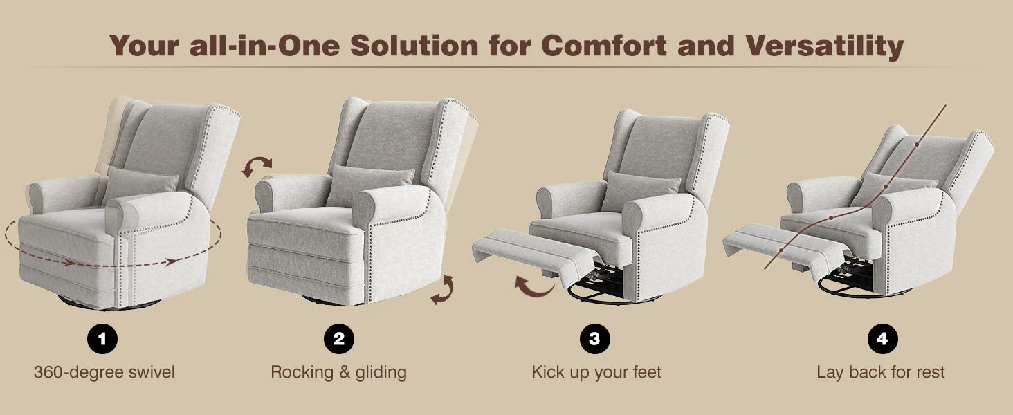RoyalCraft Swivel Recliner Chair with Adjustable Back and Footrest, Upholstered Glider Rocker with  Pillow, Accent Armchairs with Carbon Steel Base,Comfy Nursery Rocking Chair for Living Room, Bedroom